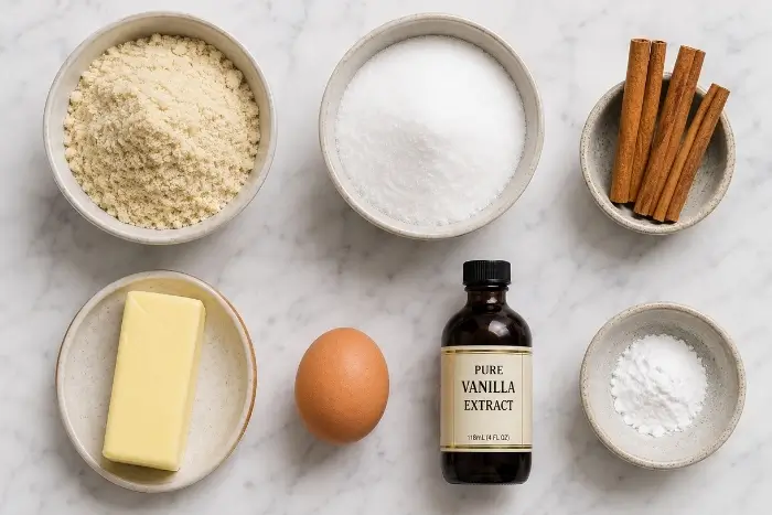 Ingredients for keto snickerdoodle cookie recipe including almond flour, erythritol, cinnamon, and butter
