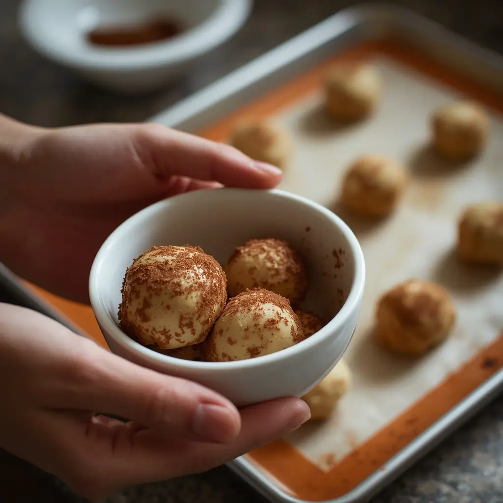 Rolling keto snickerdoodle cookie dough balls in cinnamon sugar coating before baking