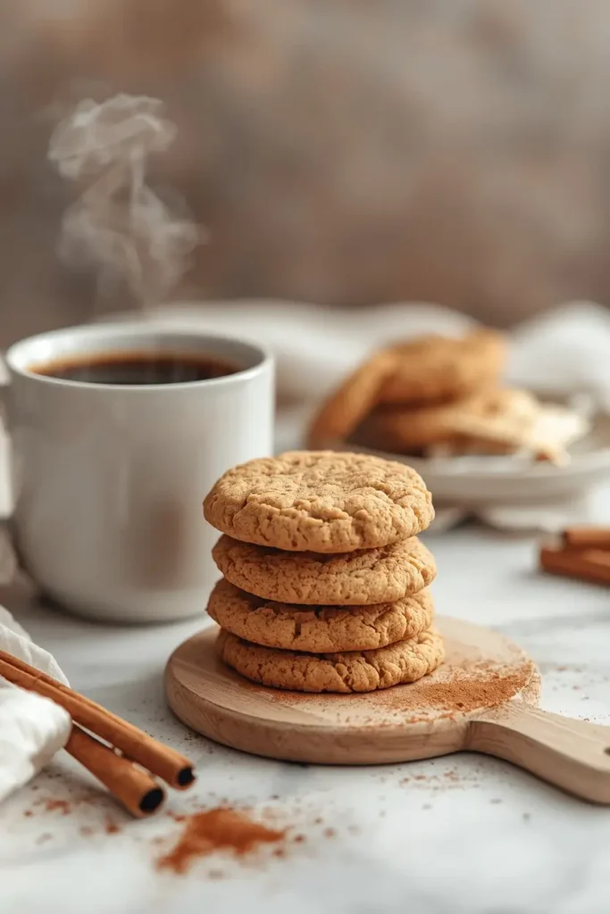 Keto snickerdoodle cookies stacked on a wooden board served alongside a mug of black coffee