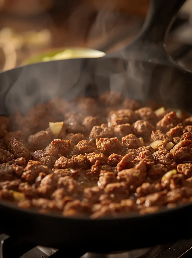 Seasoned ground beef cooking in a cast iron skillet for keto taco casserole recipe with taco spices and onions