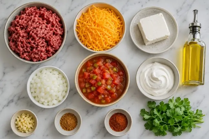 Fresh ingredients for keto taco casserole with ground beef including cheese, spices, cream cheese and diced tomatoes laid out on marble surface