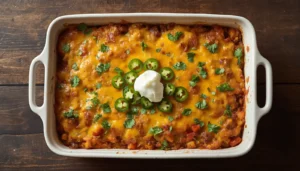 Keto Taco Casserole Keto taco casserole freshly baked in a white baking dish with golden melted cheese and cilantro garnish