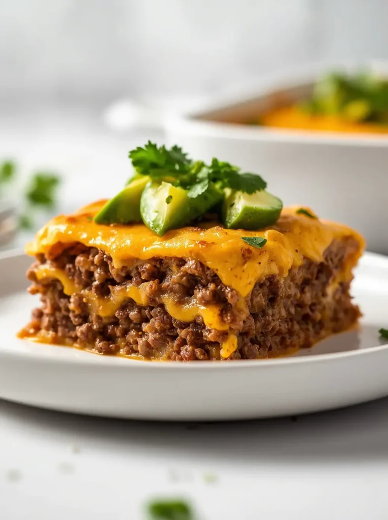 Single serving of keto taco casserole on a white plate topped with avocado slices, cilantro and lime as a low-carb dinner