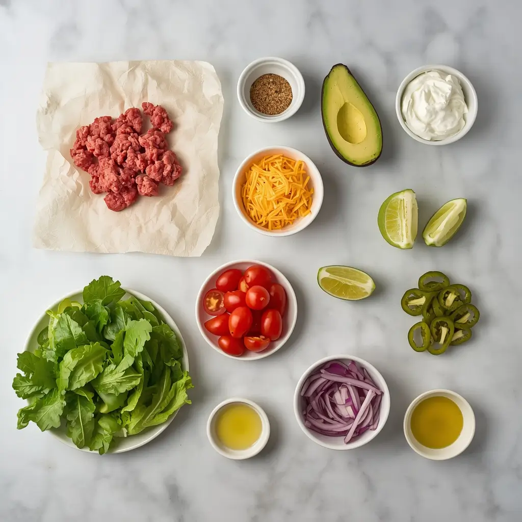 Keto Taco Salad with Ground Beef 2 Fresh ingredients for keto taco salad with ground beef laid out on a marble surface including raw beef, avocado, romaine, and taco seasoning