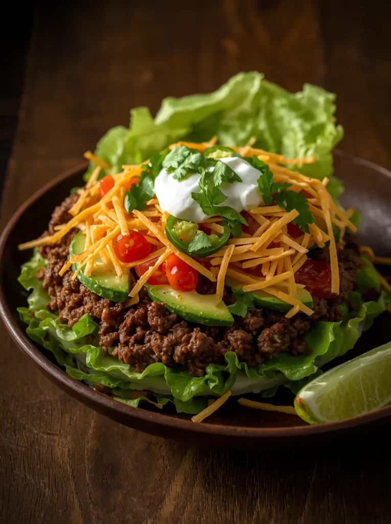 Keto Taco Salad with Ground Beef 4 Close-up of a fully assembled keto taco salad with ground beef showing layers of seasoned beef, avocado, cheddar, and sour cream