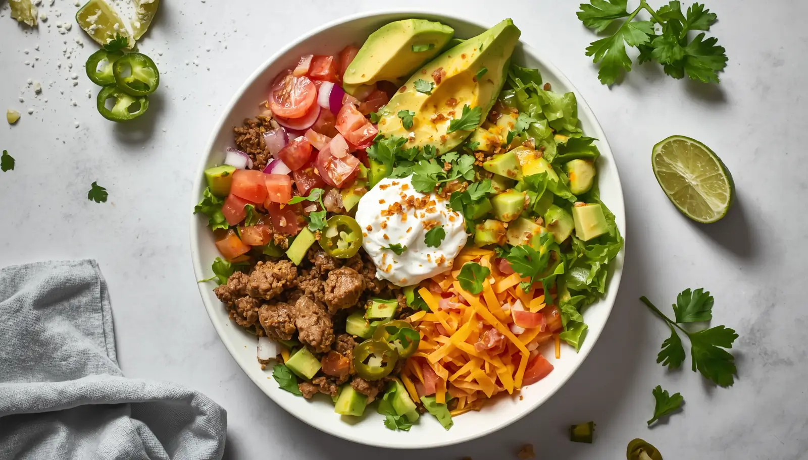 Keto Taco Salad with Ground Beef 1 Keto taco salad with ground beef in a white bowl topped with avocado, sour cream, cheddar, and fresh cilantro