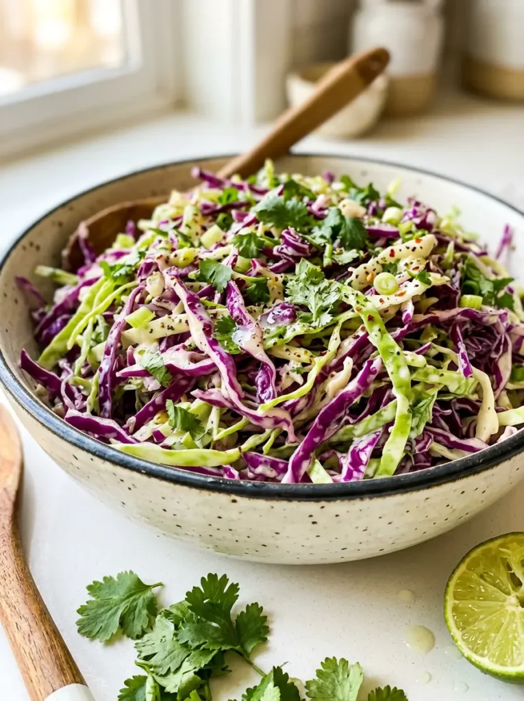 Fish Taco Slaw Recipe 4 Close-up of creamy keto taco slaw recipe with shredded purple and green cabbage, cilantro, and lime dressing