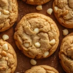 Keto white chocolate macadamia cookies on a wooden board with visible white chocolate chips and macadamia nuts