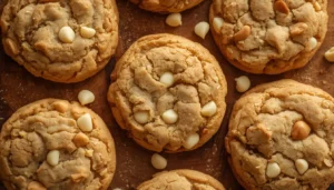 Keto White Chocolate Macadamia Cookies Keto white chocolate macadamia cookies on a wooden board with visible white chocolate chips and macadamia nuts