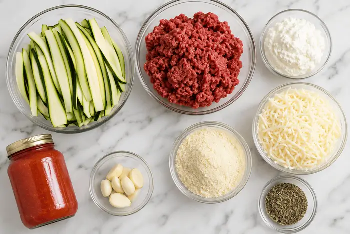 Keto Zucchini Lasagna 2 Fresh ingredients for keto zucchini lasagna recipe including zucchini strips, ground beef, ricotta, and mozzarella
