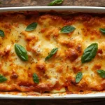 Keto zucchini lasagna baked in a white ceramic dish with golden melted cheese and fresh basil garnish