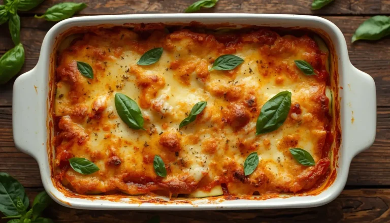 Keto zucchini lasagna baked in a white ceramic dish with golden melted cheese and fresh basil garnish