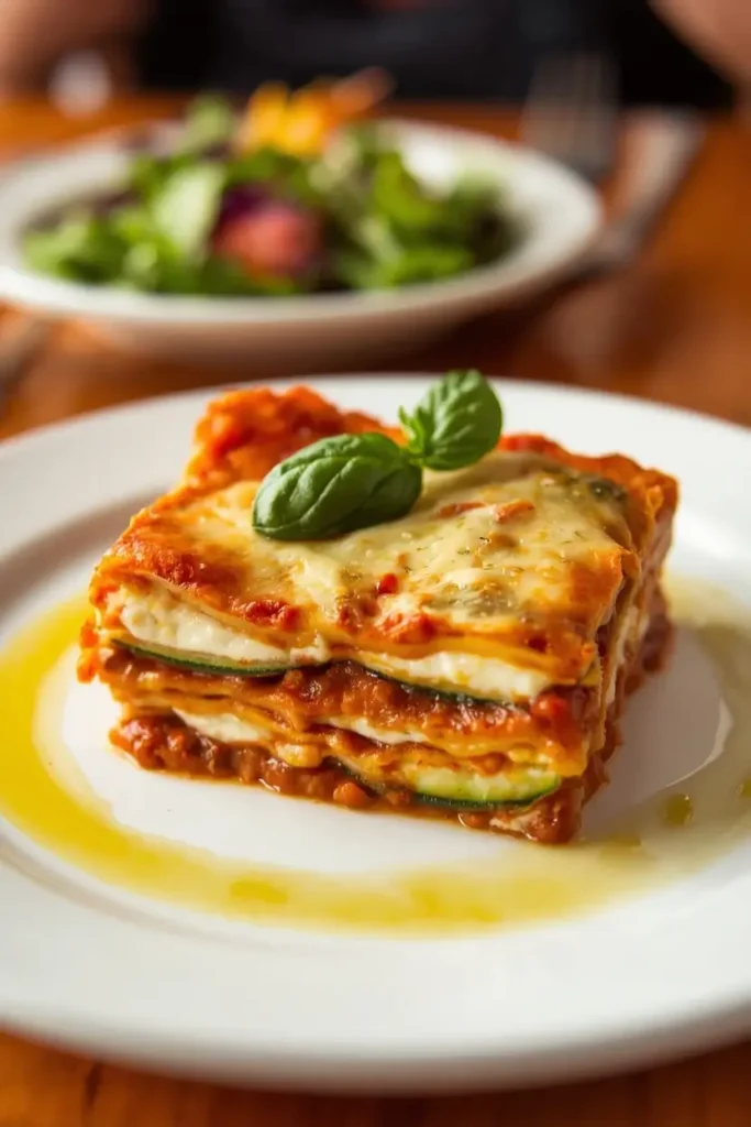 Keto Zucchini Lasagna 4 A plated slice of keto zucchini lasagna showing cheesy layers of zucchini, ricotta, and meat sauce