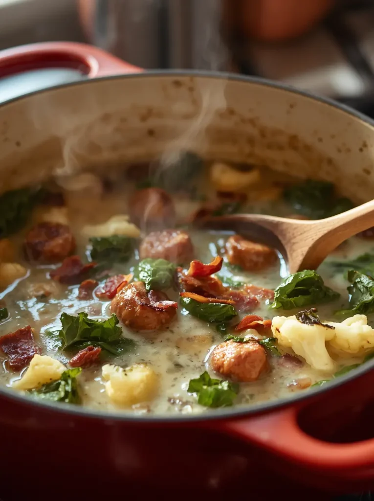 Dutch oven on stovetop with keto zuppa toscana soup being stirred, showing sausage, kale, and creamy broth