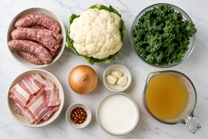 Flat lay of fresh ingredients for keto zuppa toscana recipe including sausage, cauliflower, kale, bacon, and cream