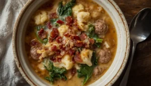 Keto Zuppa Toscana A bowl of creamy keto zuppa toscana soup with Italian sausage, cauliflower, kale, and bacon crumbles
