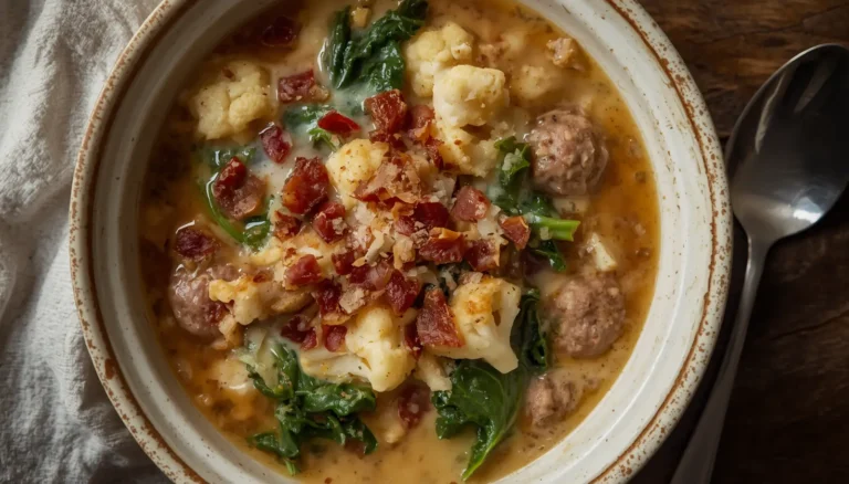 A bowl of creamy keto zuppa toscana soup with Italian sausage, cauliflower, kale, and bacon crumbles