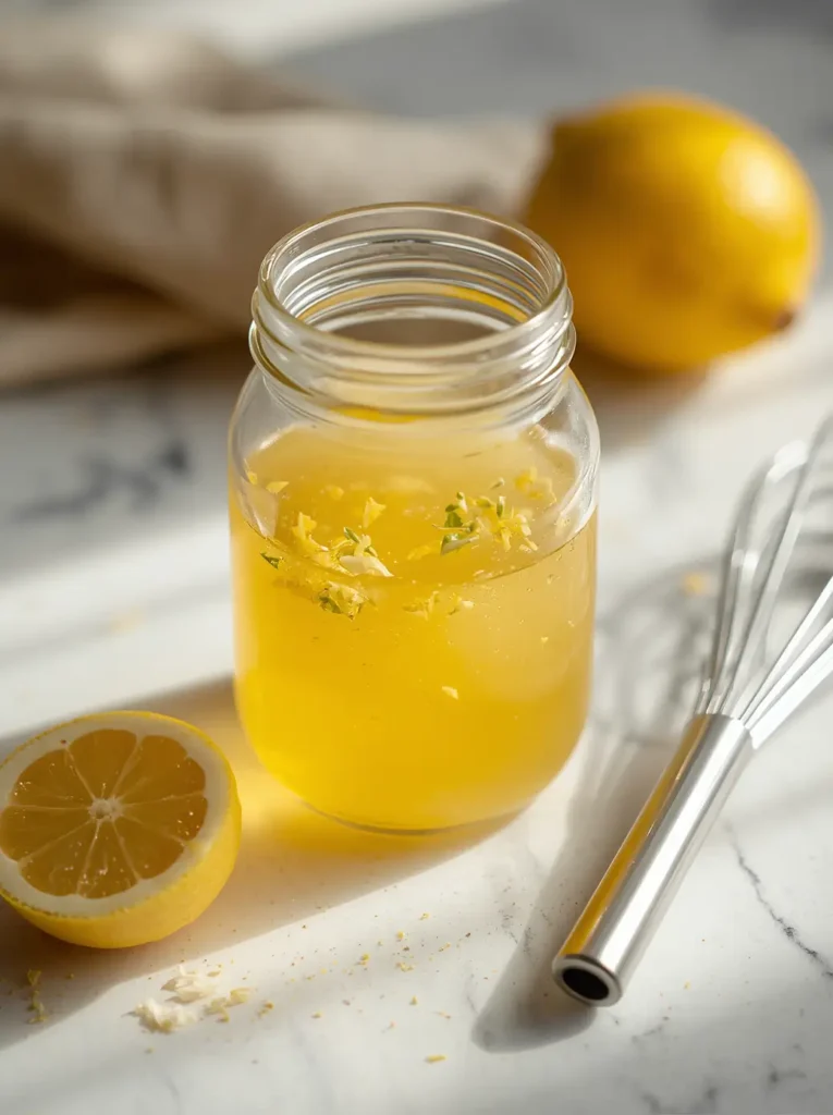 Close-up of a glass jar filled with homemade lemon dressing for arugula salad, with lemon zest and garlic visible inside.
