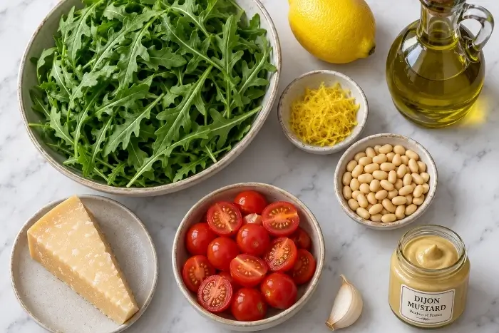 Flat lay of lemon arugula salad ingredients including arugula, lemon, pine nuts, cherry tomatoes, Parmesan, and olive oil on a marble surface.
