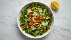 Lemon Arugula Salad Overhead view of a fresh lemon arugula salad with shaved Parmesan, cherry tomatoes, and toasted pine nuts in a white bowl.