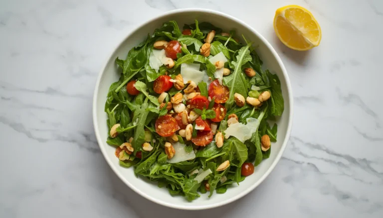Overhead view of a fresh lemon arugula salad with shaved Parmesan, cherry tomatoes, and toasted pine nuts in a white bowl.