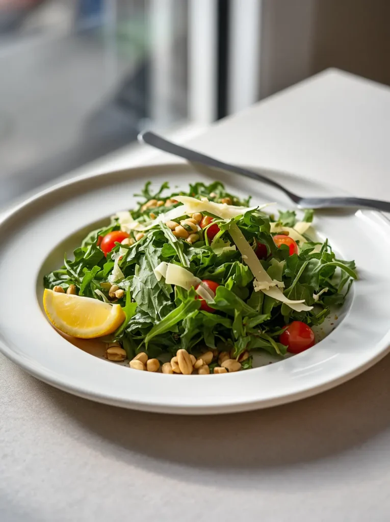 A plated serving of lemon arugula salad with shaved Parmesan, toasted pine nuts, and cherry tomatoes on a white dinner plate.
