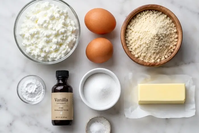 Keto Cottage Cheese Pancakes 2 Ingredients for low carb cottage cheese pancakes including cottage cheese, almond flour, and eggs on a marble surface