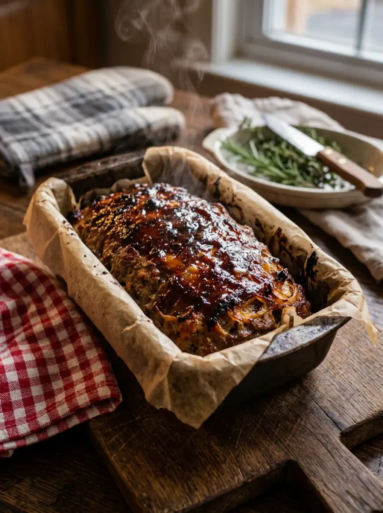 Low Carb Meatloaf 4 Freshly baked low carb meatloaf in a loaf pan with a sticky caramelized sugar-free glaze