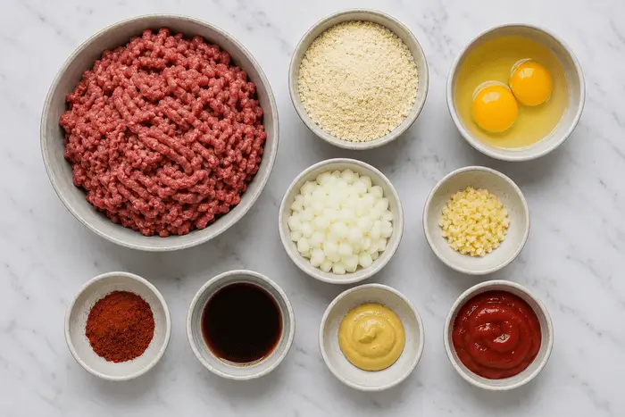 Low Carb Meatloaf 2 Flat lay of low carb meatloaf ingredients including ground beef, almond flour, eggs, and spices on a marble surface