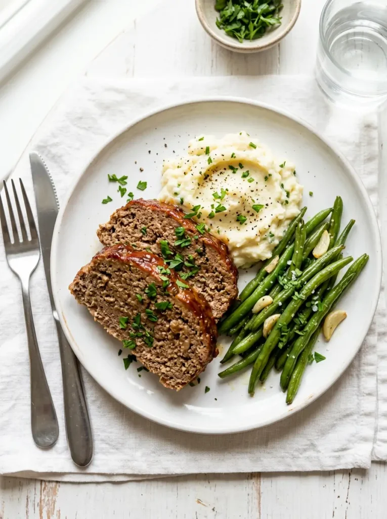 Low Carb Meatloaf 5 Two slices of low carb meatloaf served with cauliflower mash and green beans for a complete keto dinner
