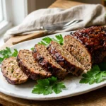 Sliced low carb meatloaf on a white platter with caramelized glaze and fresh parsley garnish