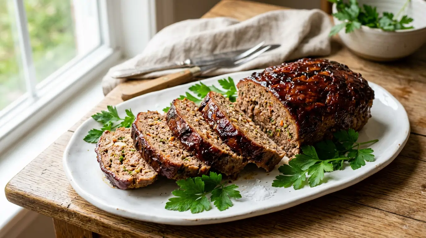 Low Carb Meatloaf 1 Sliced low carb meatloaf on a white platter with caramelized glaze and fresh parsley garnish