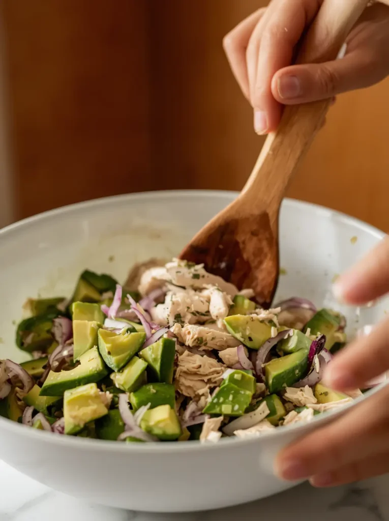 Chicken Avocado Salad 3 Hands folding together chicken avocado salad ingredients in a large bowl with a wooden spoon