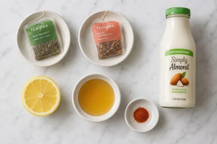 Medicine ball tea ingredients laid out flat including tea bags, lemon, honey, and almond milk
