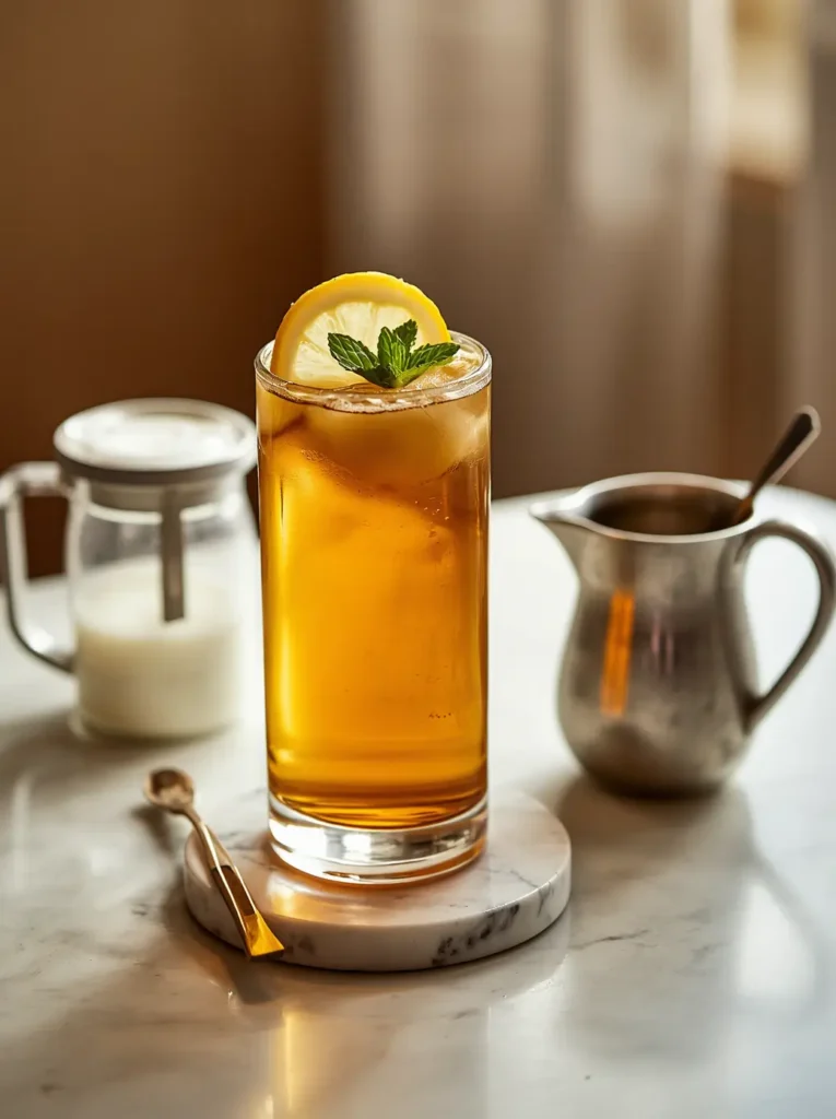 Medicine ball tea Starbucks recipe served in a glass mug with lemon wheel and fresh mint garnish
