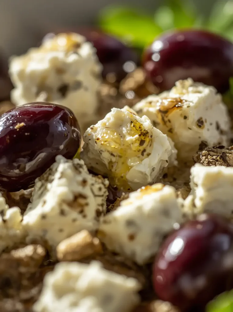 Mediterranean Greek Salad with Feta 3 Close-up of crumbled feta cheese and Kalamata olives on a Mediterranean Greek Salad with Feta drizzled with olive oil