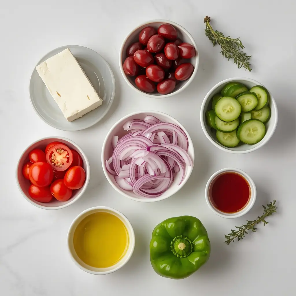 Mediterranean Greek Salad with Feta 2 Fresh ingredients for a Mediterranean Greek Salad including feta cheese, Kalamata olives, cherry tomatoes, cucumber, and olive oil