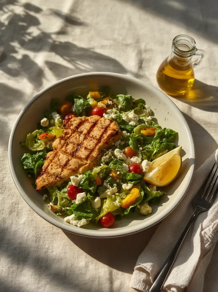 Mediterranean Greek Salad with Feta 4 Mediterranean Greek Salad with Feta served as a keto meal topped with grilled chicken breast and a side of olive oil dressing