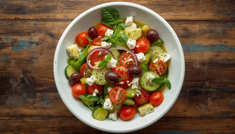 Mediterranean Greek Salad with Feta in a white bowl with cherry tomatoes, cucumbers, Kalamata olives, and crumbled feta cheese