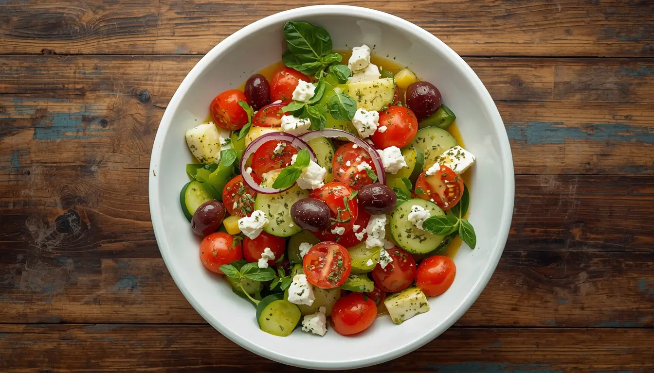 Mediterranean Greek Salad with Feta 1 Mediterranean Greek Salad with Feta in a white bowl with cherry tomatoes, cucumbers, Kalamata olives, and crumbled feta cheese