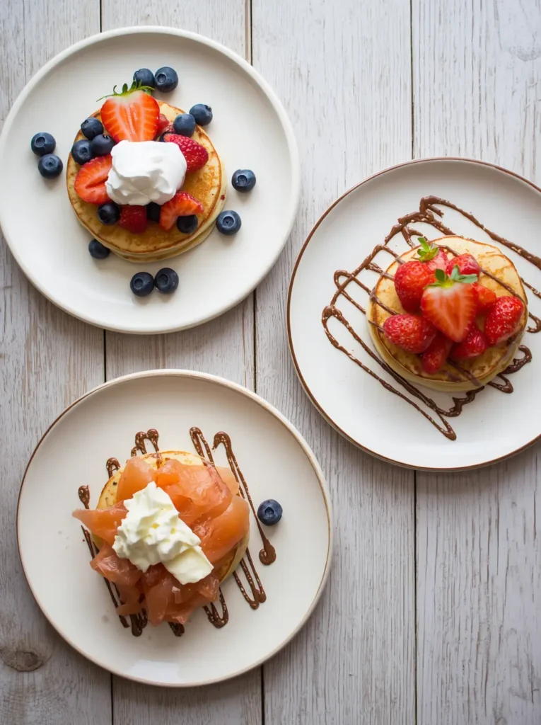 Coconut Flour Pancakes 4 Three serving variations of pancakes using coconut flour — with berries, chocolate drizzle, and savory smoked salmon toppings