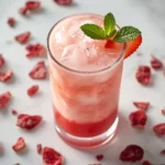 Pink drink recipe in a tall glass with crushed ice, fresh strawberry garnish, and coconut milk on a marble surface