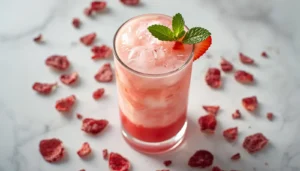 Pink Drink Recipe Pink drink recipe in a tall glass with crushed ice, fresh strawberry garnish, and coconut milk on a marble surface