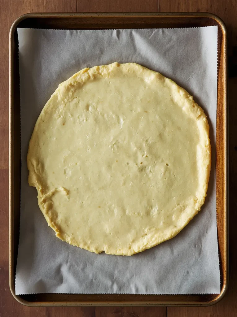 Zucchini Crust Pizza 3 Golden pre-baked pizza crust zucchini base on parchment paper ready for toppings