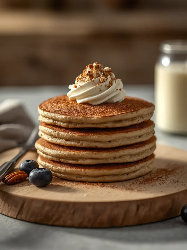 Keto Cottage Cheese Pancakes 4 Protein pancakes with cottage cheese topped with whipped cream, pecans, and blueberries on a wooden board