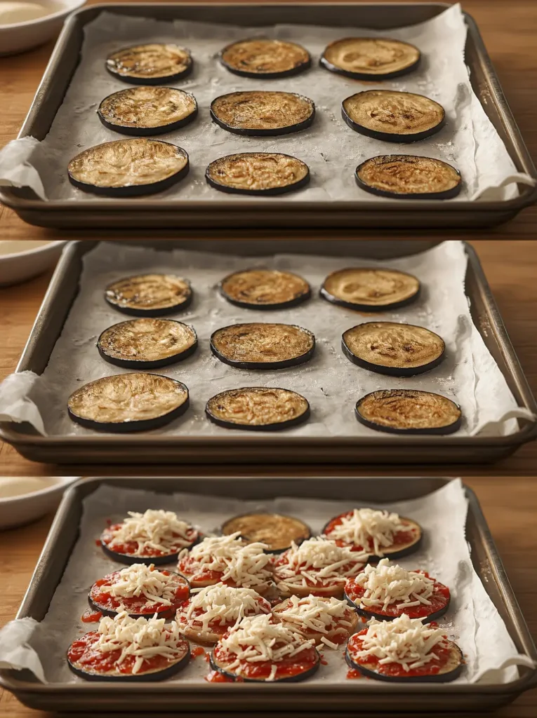 Eggplant Pizza 3 Step-by-step preparation of purple eggplant pizza showing sliced rounds being salted, oiled, and topped with cheese