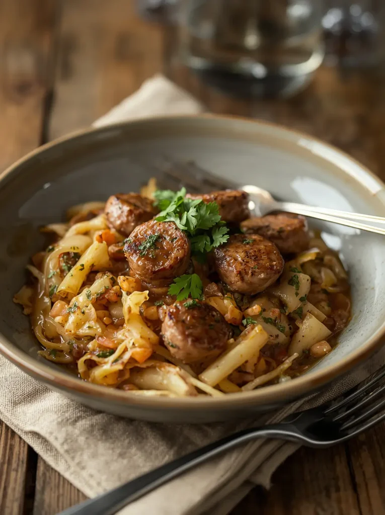 Cabbage and Sausage Skillet 3 A serving bowl of recipe for cabbage and sausage skillet topped with fresh parsley and a drizzle of olive oil
