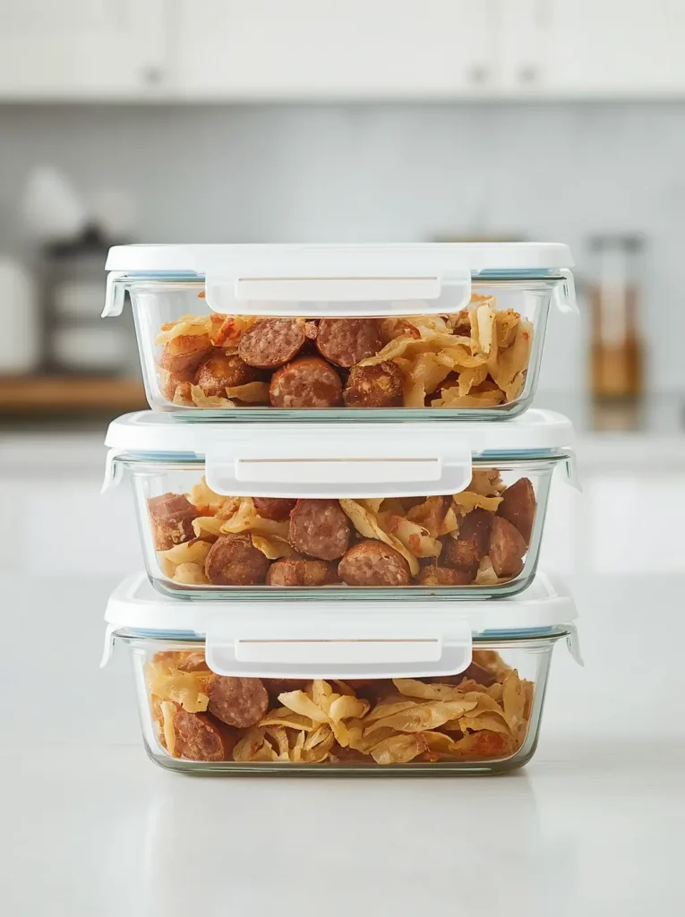 Cabbage and Sausage Skillet 4 Three glass containers filled with portioned sausage and cabbage skillet recipe ready for meal prep and weekly storage