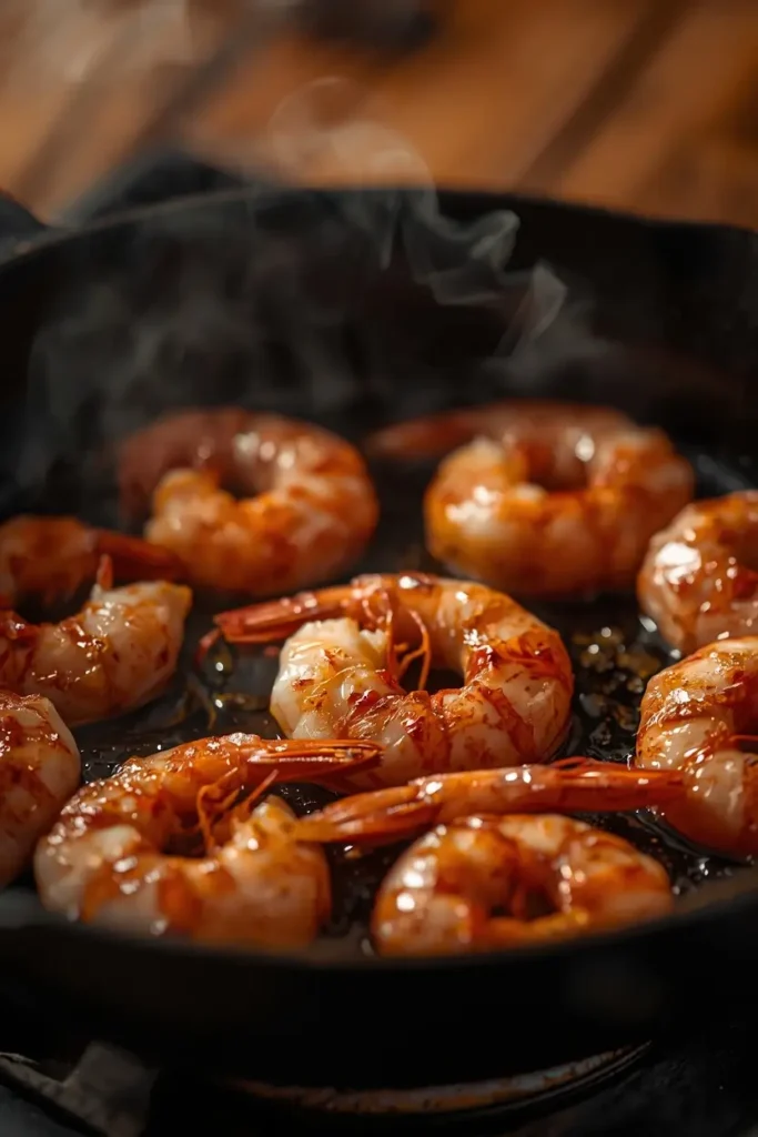 Shrimp Avocado Salad 3 Large shrimp searing in a cast-iron skillet for a keto shrimp and avocado salad