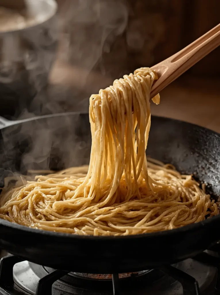 Shirataki Noodles Recipe 3 Shirataki noodles recipe step showing noodles being dry-fried in a cast iron skillet to remove moisture and improve texture